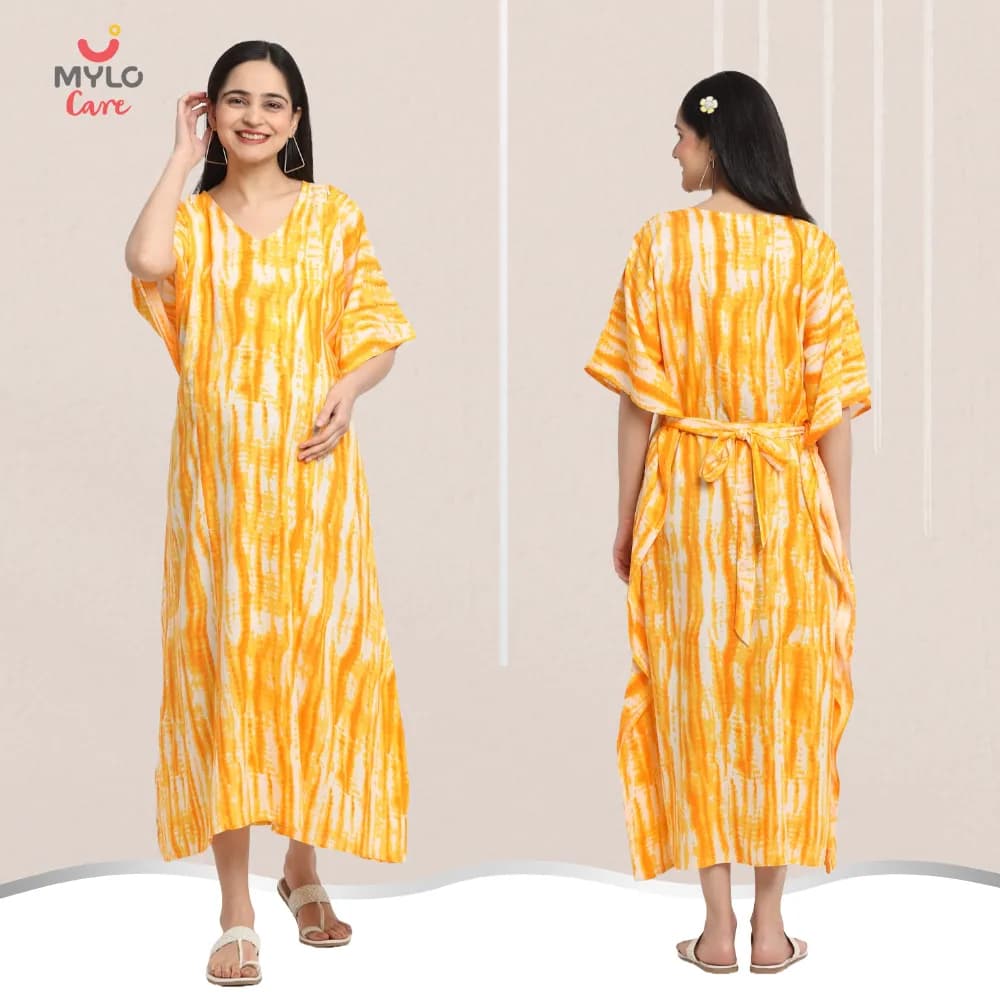 Pre & Post Maternity /Nursing Kaftan Maxi Dress cum Nighty with Zipper for Easy Feeding – Shibori Print -Orange- M