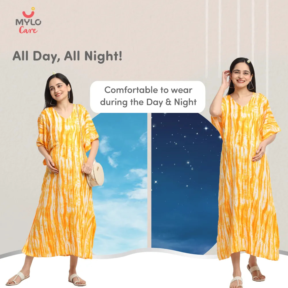 Pre & Post Maternity /Nursing Kaftan Maxi Dress cum Nighty with Zipper for Easy Feeding – Shibori Print -Orange- M
