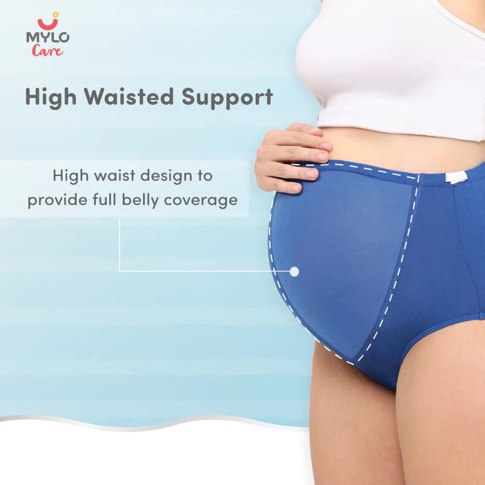 High Waist Maternity/Postpartum Panty - Anti-Microbial with Comfy Adjustable Waistband - Blue & Black - M - Pack of 2