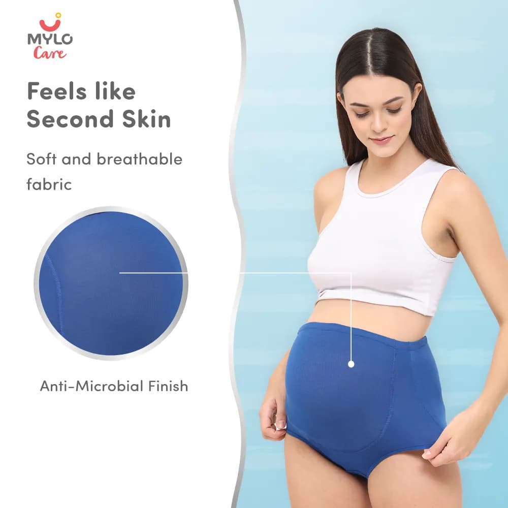 High Waist Maternity/Postpartum Panty - Anti-Microbial with Comfy Adjustable Waistband - Blue & Black - M - Pack of 2