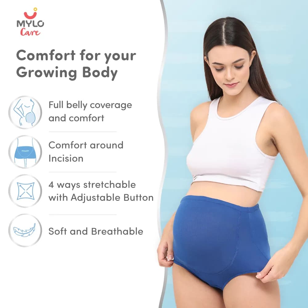 High Waist Maternity/Postpartum Panty - Anti-Microbial with Comfy Adjustable Waistband - Blue & Black - XXL - Pack of 2