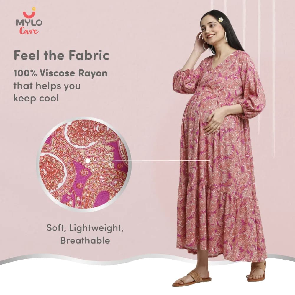 Pre & Post Maternity /Nursing Maxi Dress with both sides Zipper for Easy Feeding – Persian Paisley Pink–XXL