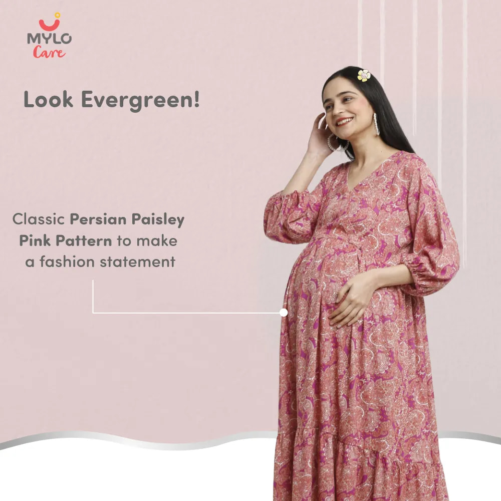 Pre & Post Maternity /Nursing Maxi Dress with both sides Zipper for Easy Feeding – Persian Paisley Pink–XXL