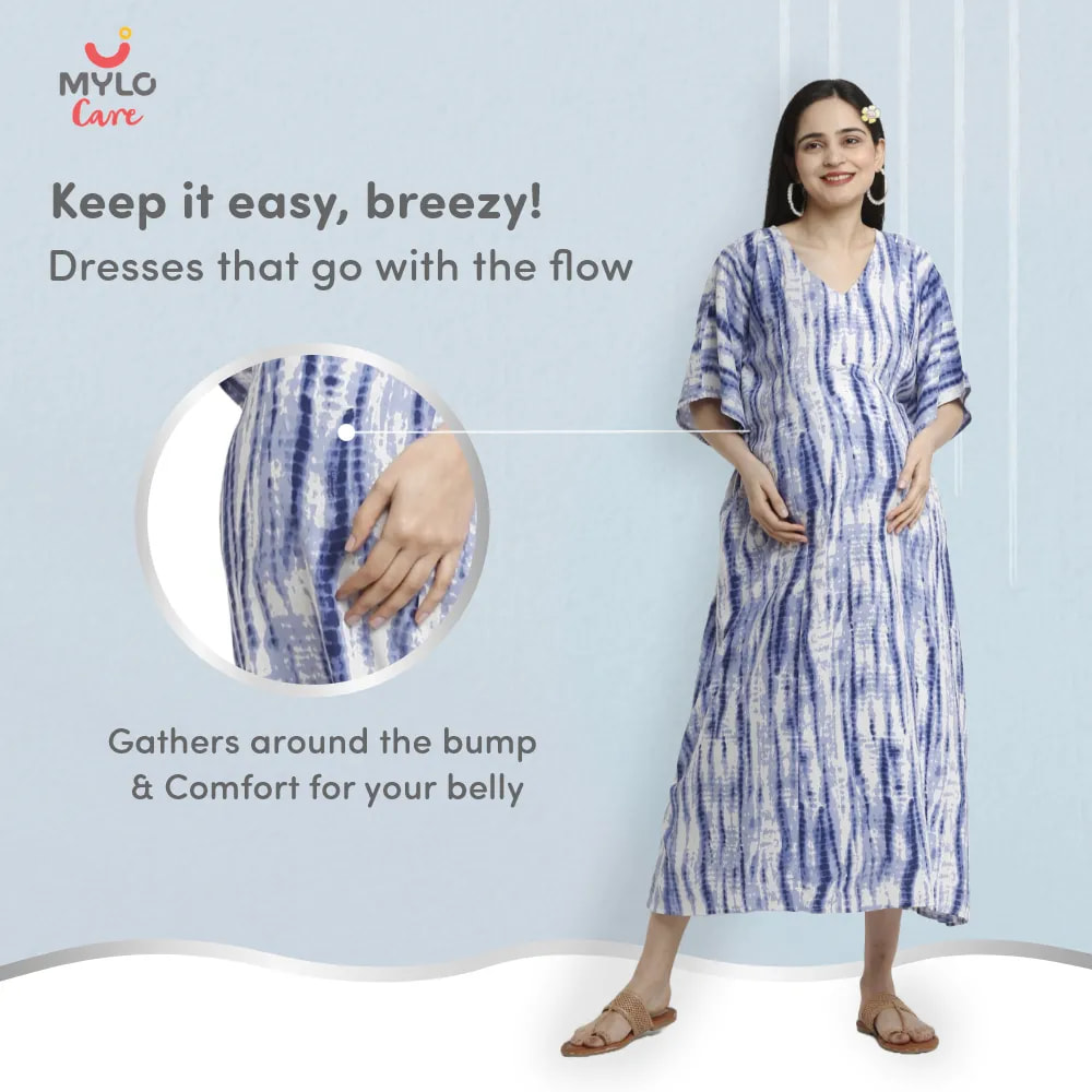 Pre & Post Maternity /Nursing Kaftan Maxi Dress cum Nighty with Zipper for Easy Feeding – Shibori Print -Navy - L