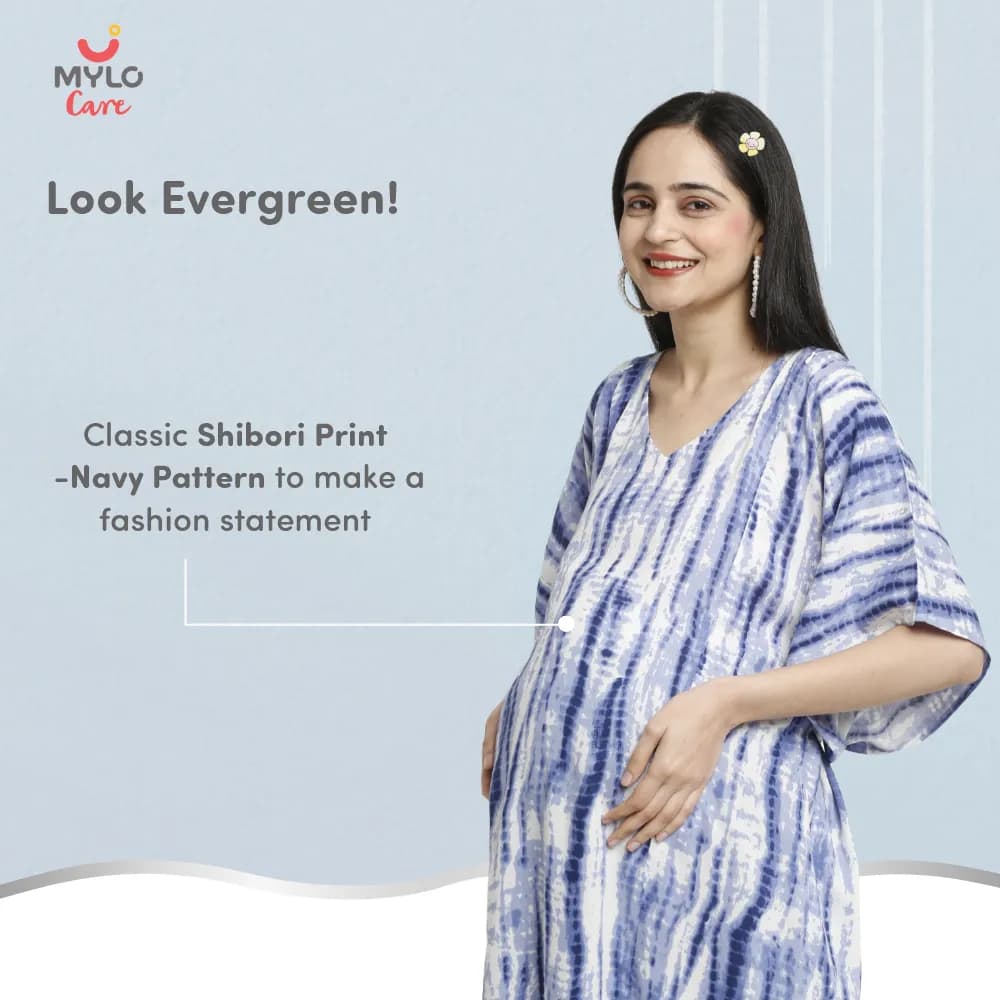 Pre & Post Maternity /Nursing Kaftan Maxi Dress cum Nighty with Zipper for Easy Feeding – Shibori Print -Navy - L