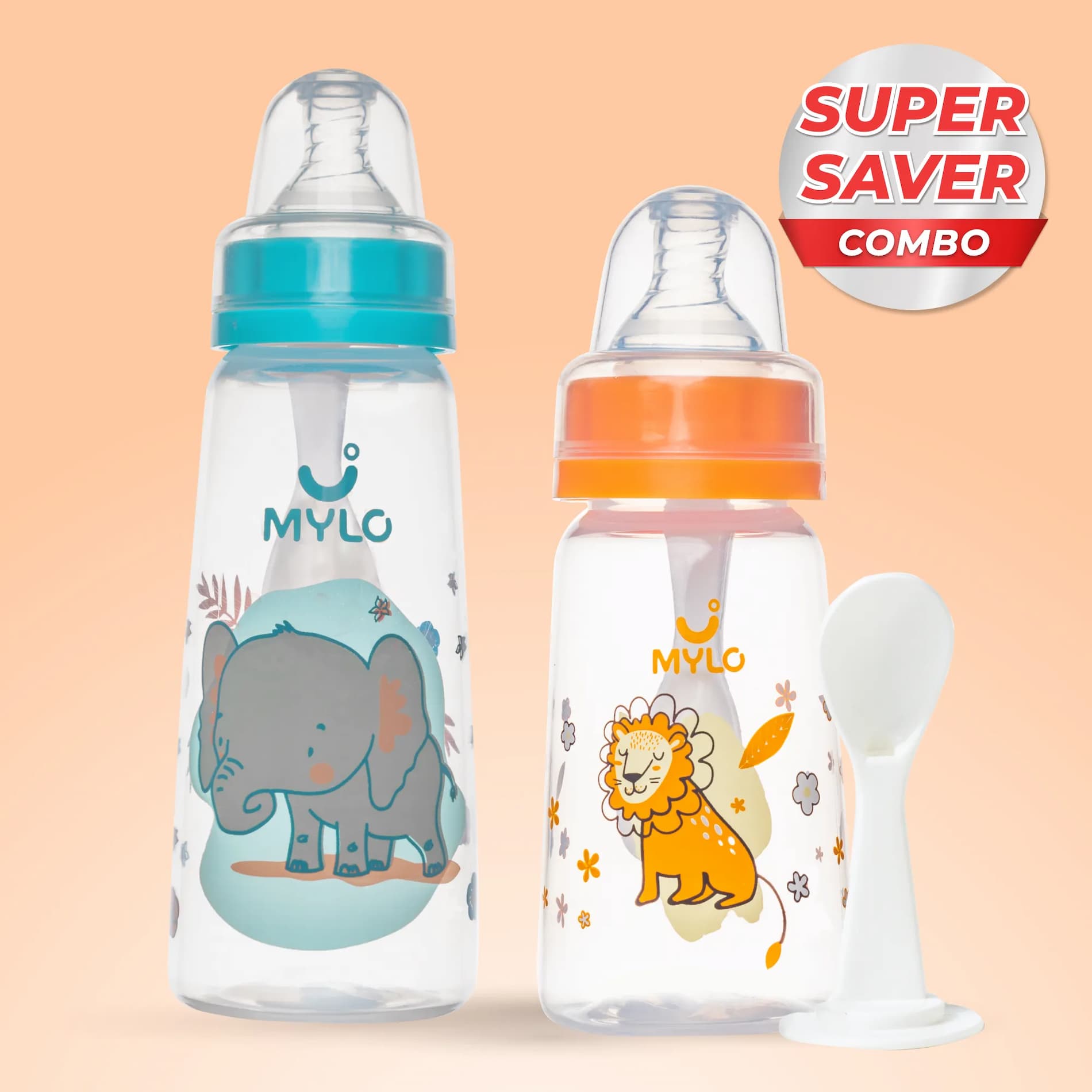 2-in-1 Baby Feeding Bottle – 125ml & 250 ml - BPA Free with Anti-Colic Nipple & Spoon-Pack of 2- (Lion & Elephant)
