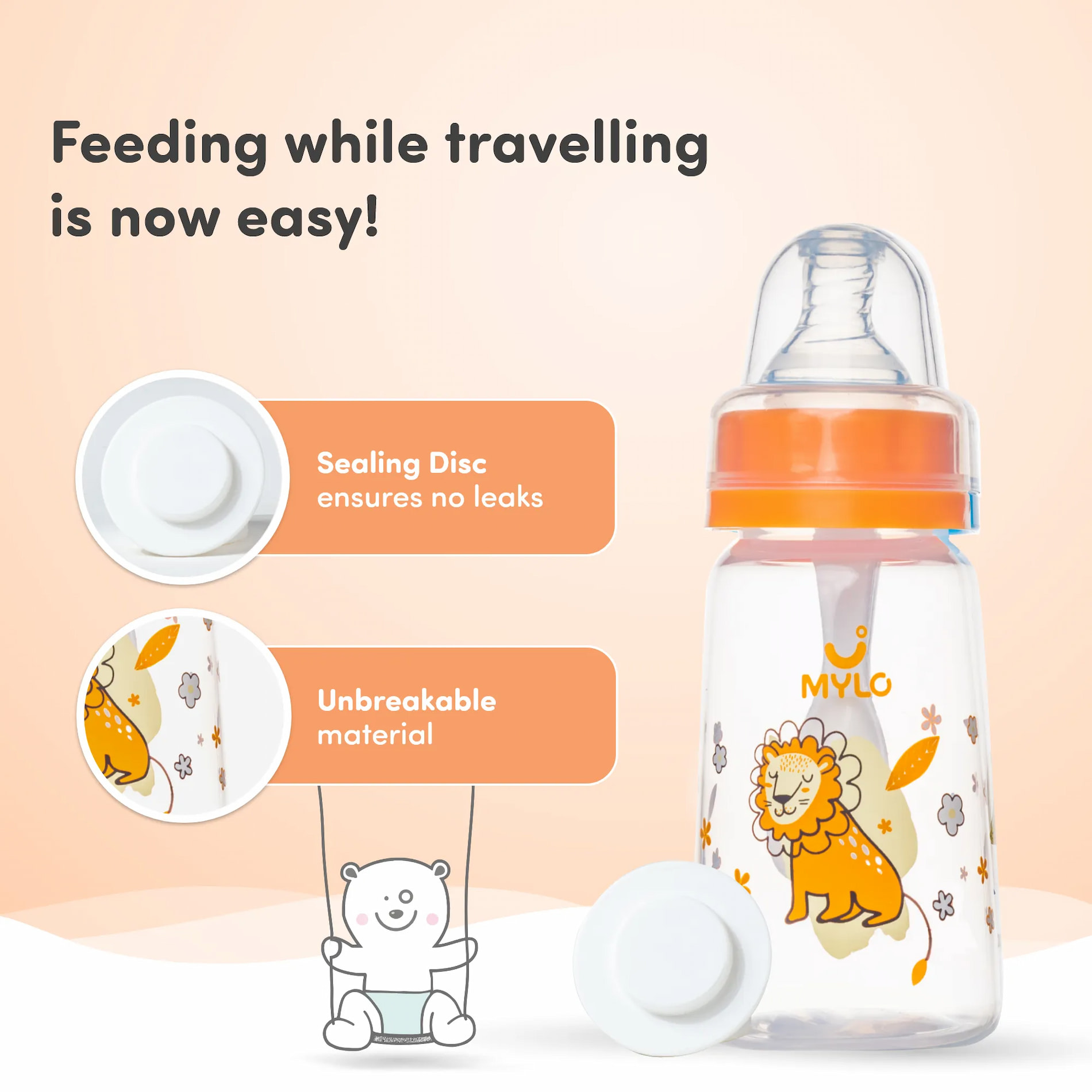 2-in-1 Baby Feeding Bottle – 125ml & 250 ml - BPA Free with Anti-Colic Nipple & Spoon-Pack of 2- (Lion & Elephant)