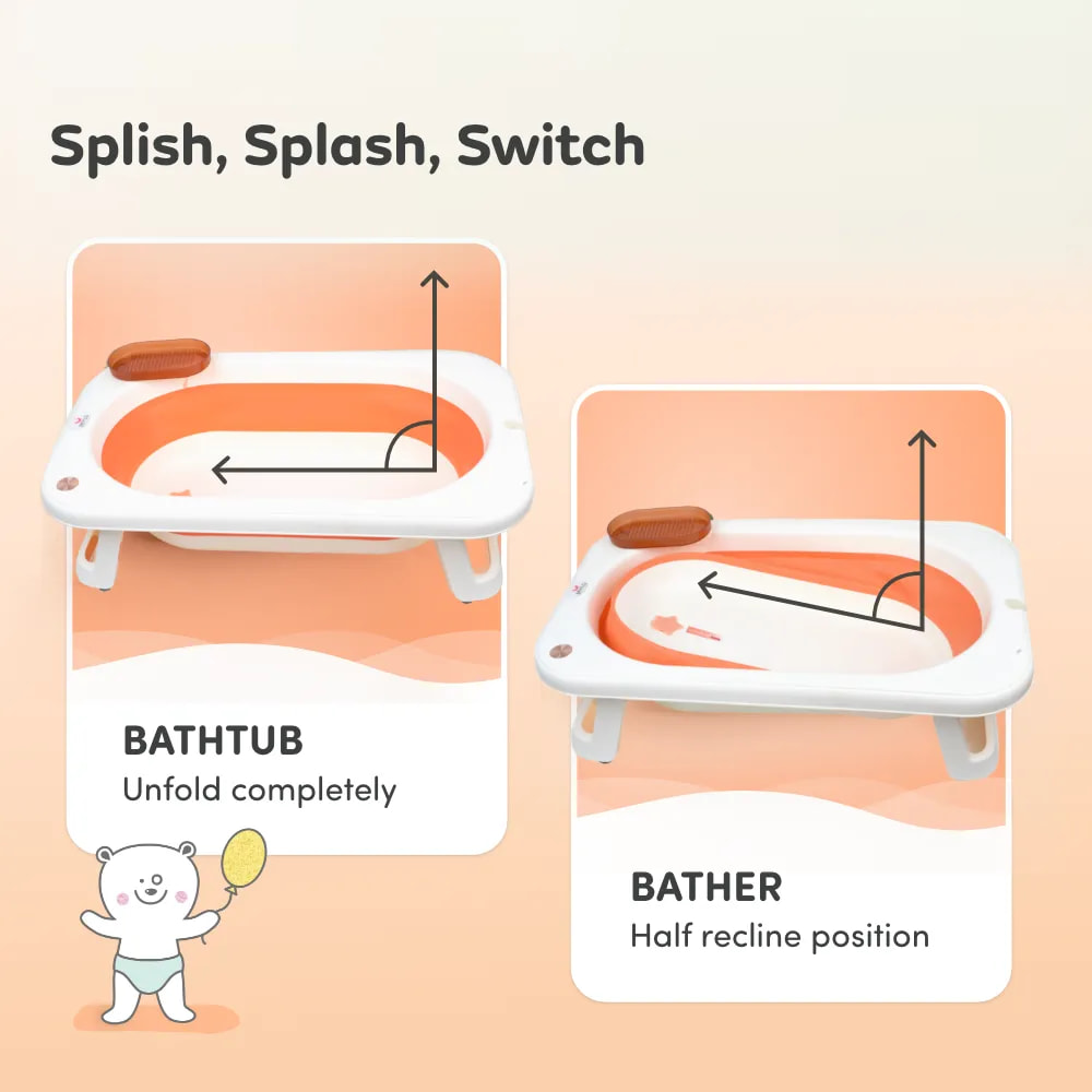 Kenzo 2-in-1 Foldable Bathtub with Temperature Sensor for 6 Months to 3 Years, Up to 20Kgs Weight Capacity, BPA Free, Anti Slip, EN Certified (Orange)