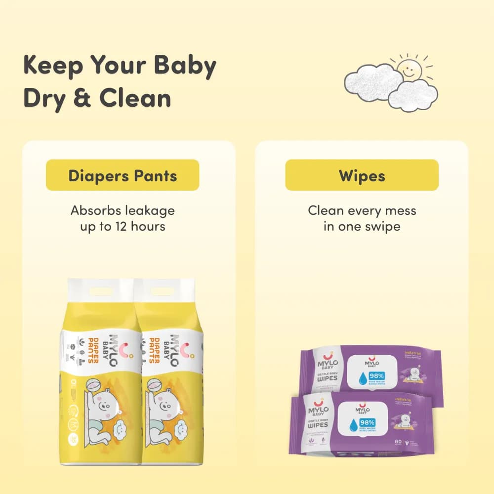 Monthly Diapering Super Saver Combo - Diaper Pants (M) Size (Pack of 2, 76 Count) + Wipes (Pack of 2)