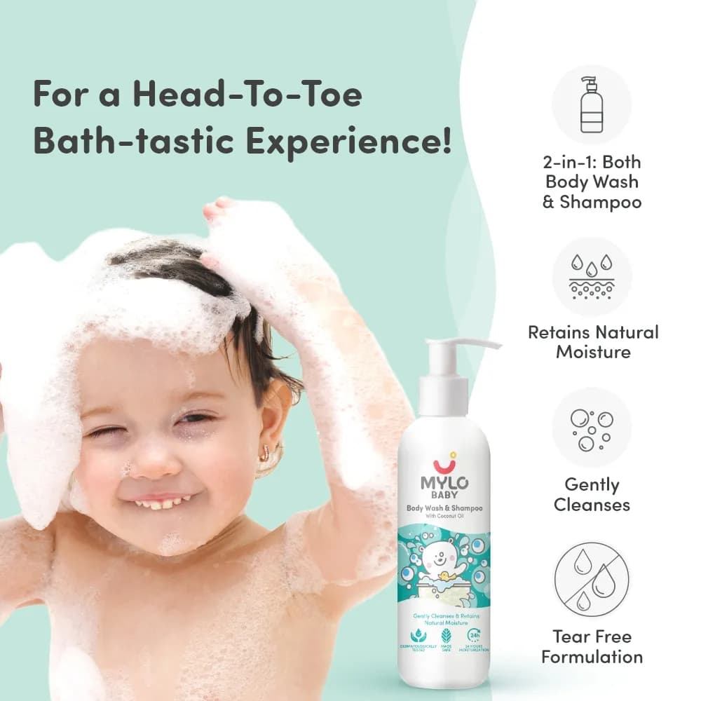 Baby Bath Essentials - Baby Body Wash & Shampoo (200 ml) and Mylo Care Baby Lotion (200 ml)