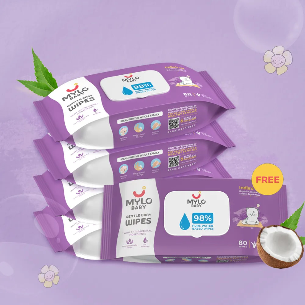 Gentle Baby Wipes with Organic Coconut Oil & Neem With Lid (80 wipes x 4 packs) + 1 Pack FREE 