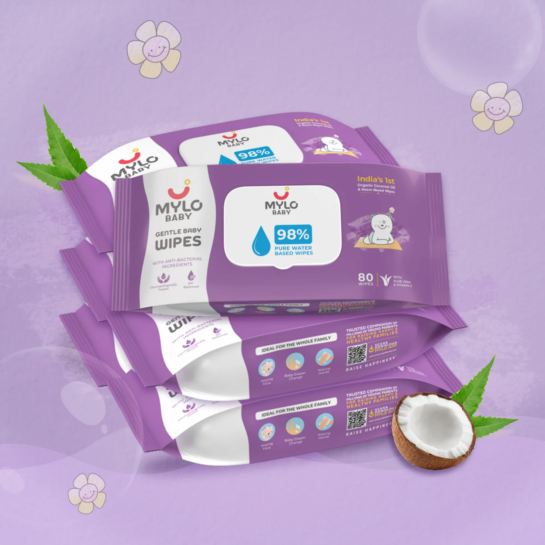 Gentle Baby Wipes with Organic Coconut Oil & Neem Without Lid (80 wipes x 6 packs)
