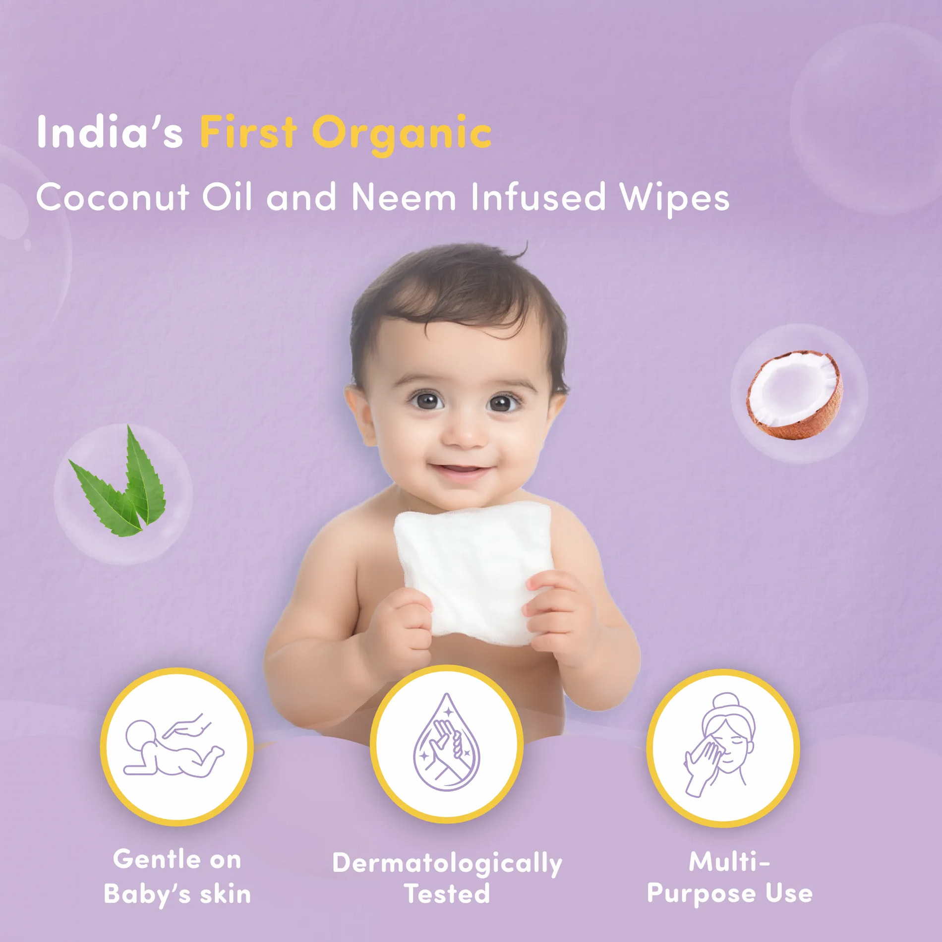 Gentle Baby Wipes with Organic Coconut Oil & Neem With Lid(80 wipes x 6 packs)