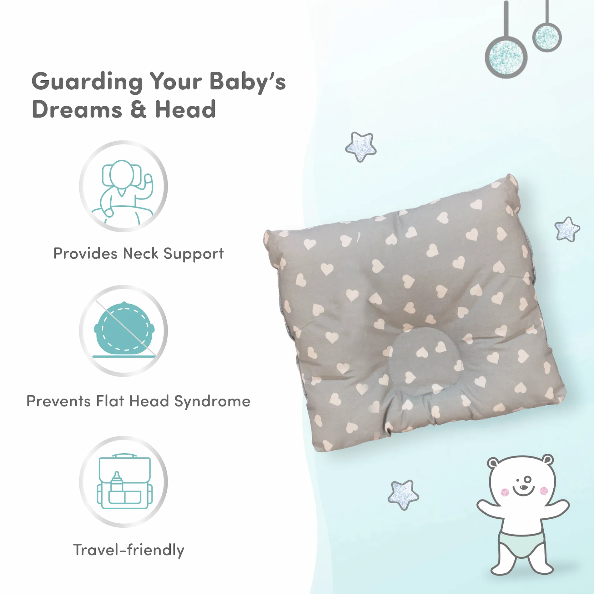 Premium Head Shaping Baby Pillow with Neck & Shoulder Support (0- 36 Months)-Shades of Grey
